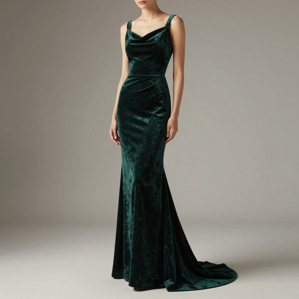 A forest green velvet column gown with cowl back and subtle train showing the elongating silhouette
