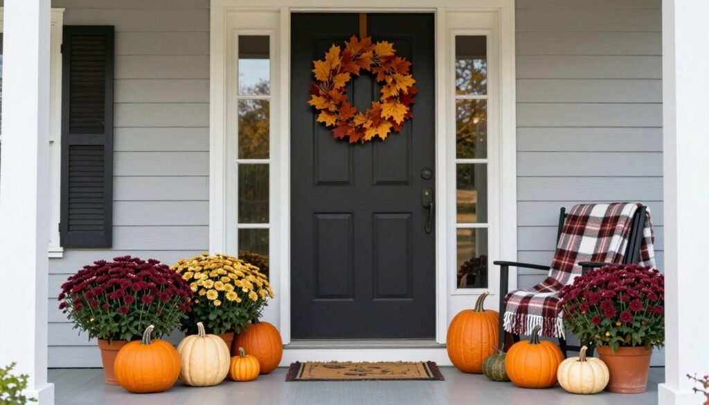 A front porch decorated for fall with pumpkins, mums, and a seasonal wreath