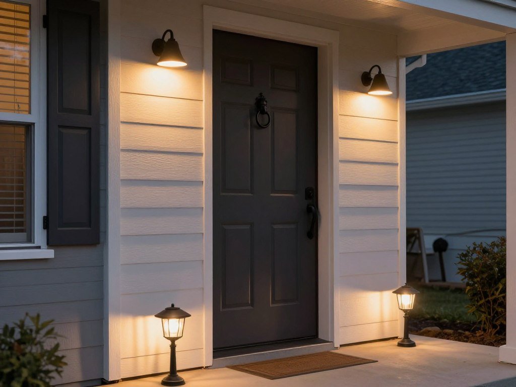 A front porch with updated lighting fixtures and hardware