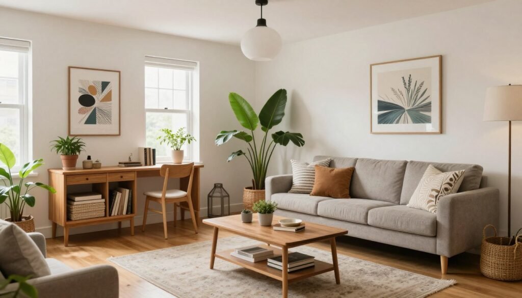 A fully decorated apartment living room showcasing budget-friendly decorating techniques