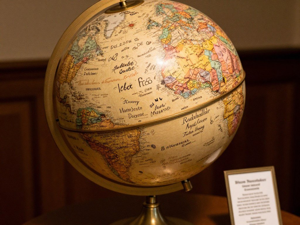A globe wedding guest book with signatures around the world
