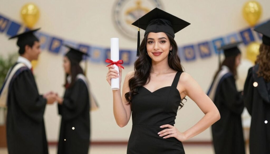 A graduate in a beautiful black dress celebrating with diploma in hand, looking confident and accomplished