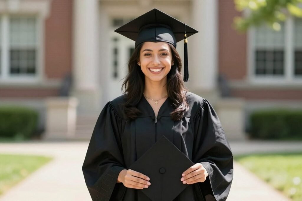 A graduate in a classic black dress standing confidently with diploma in hand