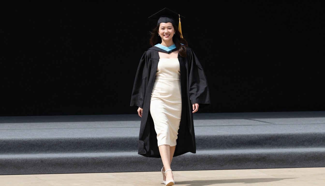 A graduate in an elegant ivory midi dress walking across university stage during graduation ceremony