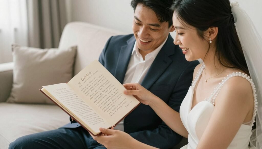 A happy couple reading their wedding guest book together