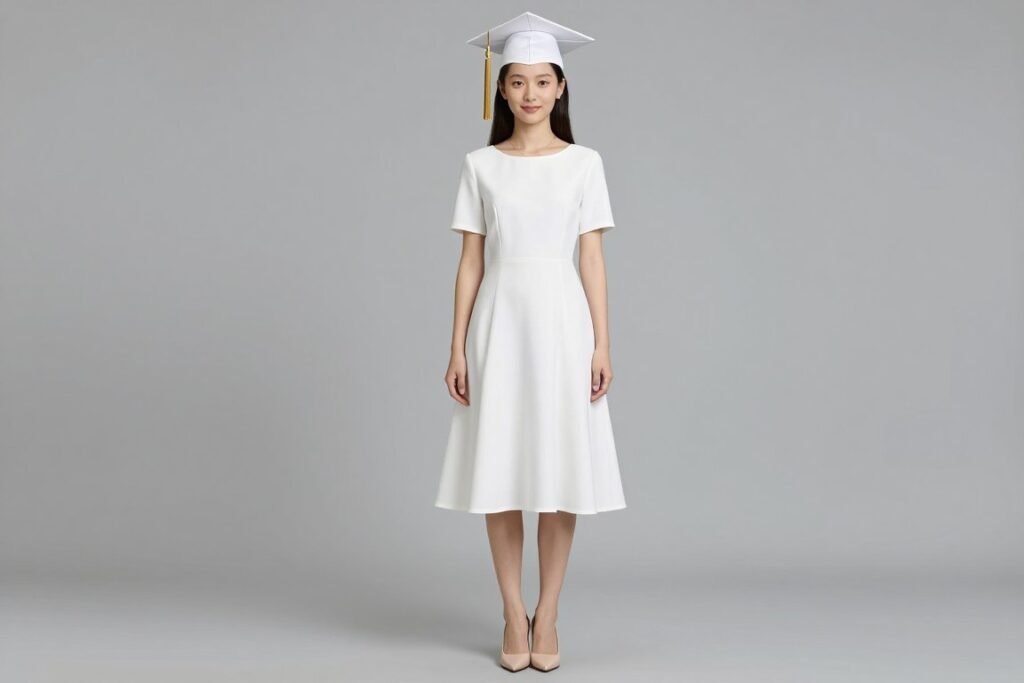 A high school graduate wearing an A-line white graduation dress