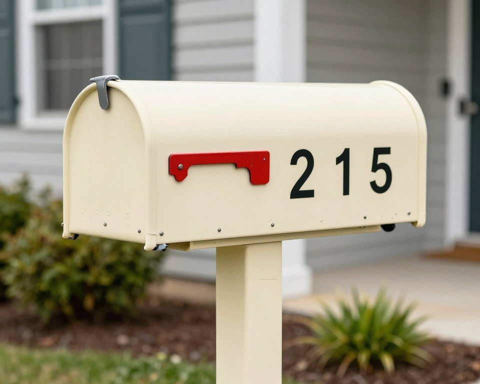 A mailbox with fresh paint and small garden around its base