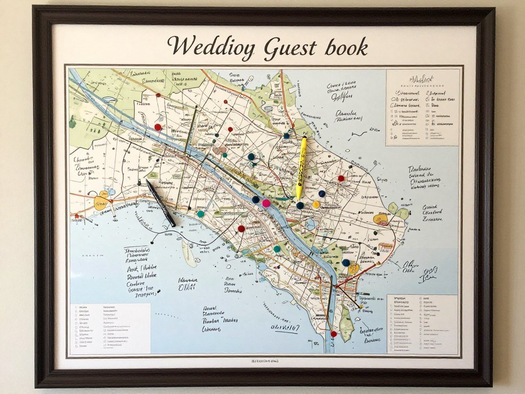 A map guest book with pins or signatures marking locations