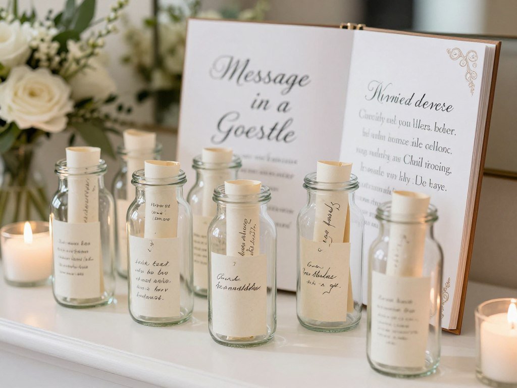 A message in a bottle guest book with notes in decorative bottles