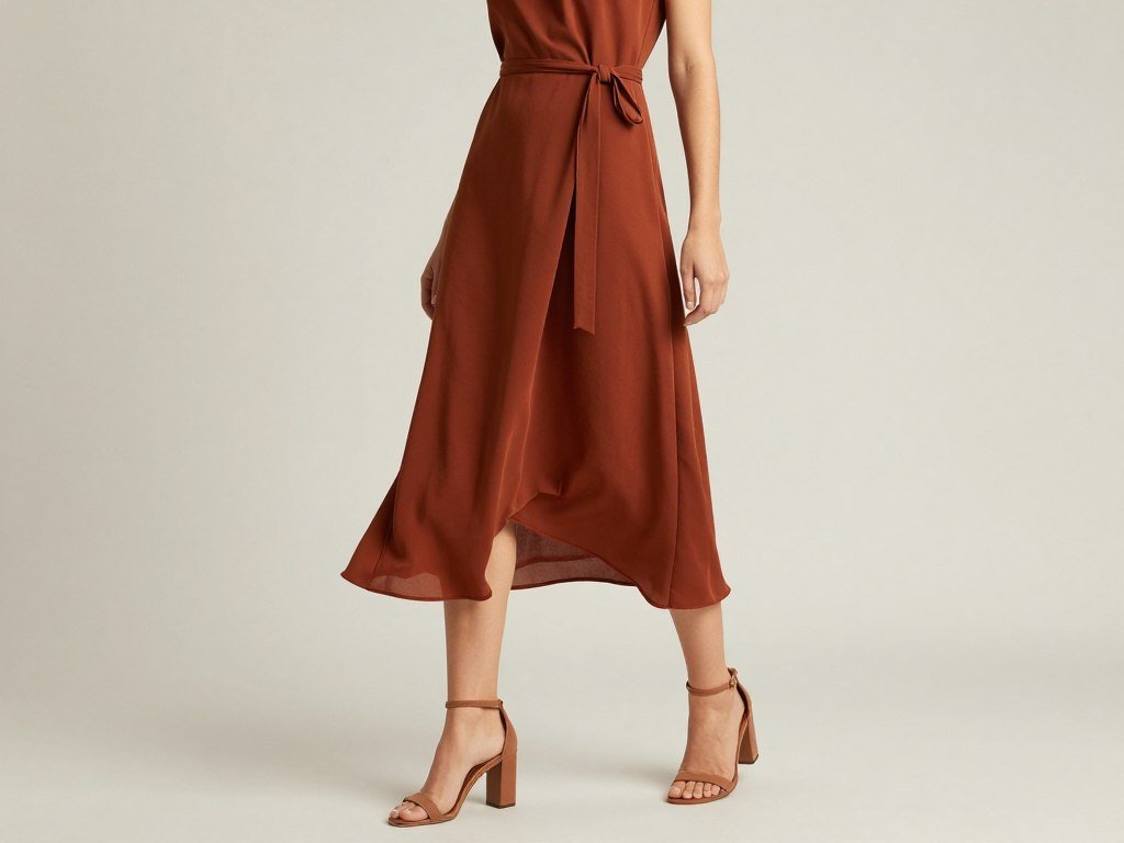 A model wearing a comfortable yet elegant wrap dress in rust tones with block heels suitable for extended wear