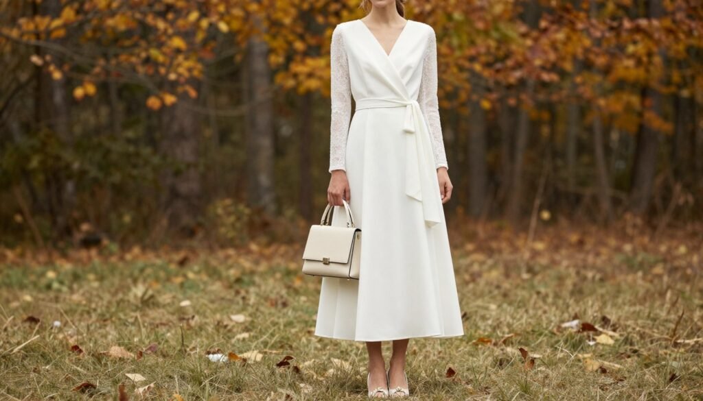 A model wearing a complete fall wedding guest outfit with appropriate layers and accessories for changing autumn weather