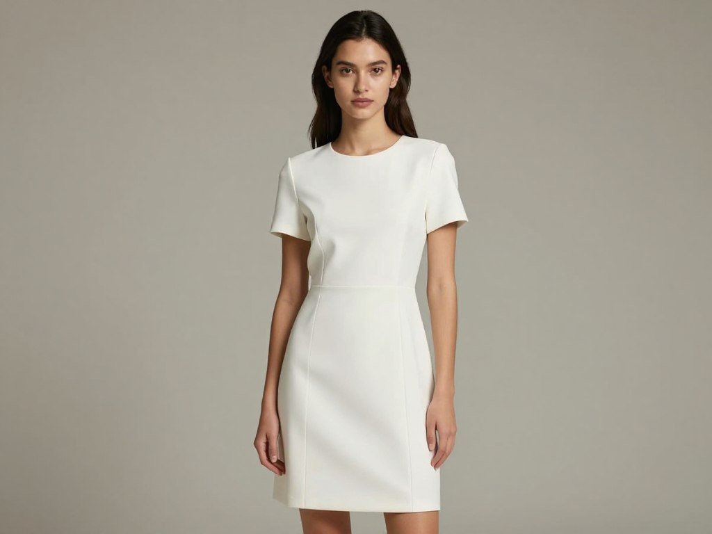 A model wearing a minimalist white graduation dress with clean lines and subtle details