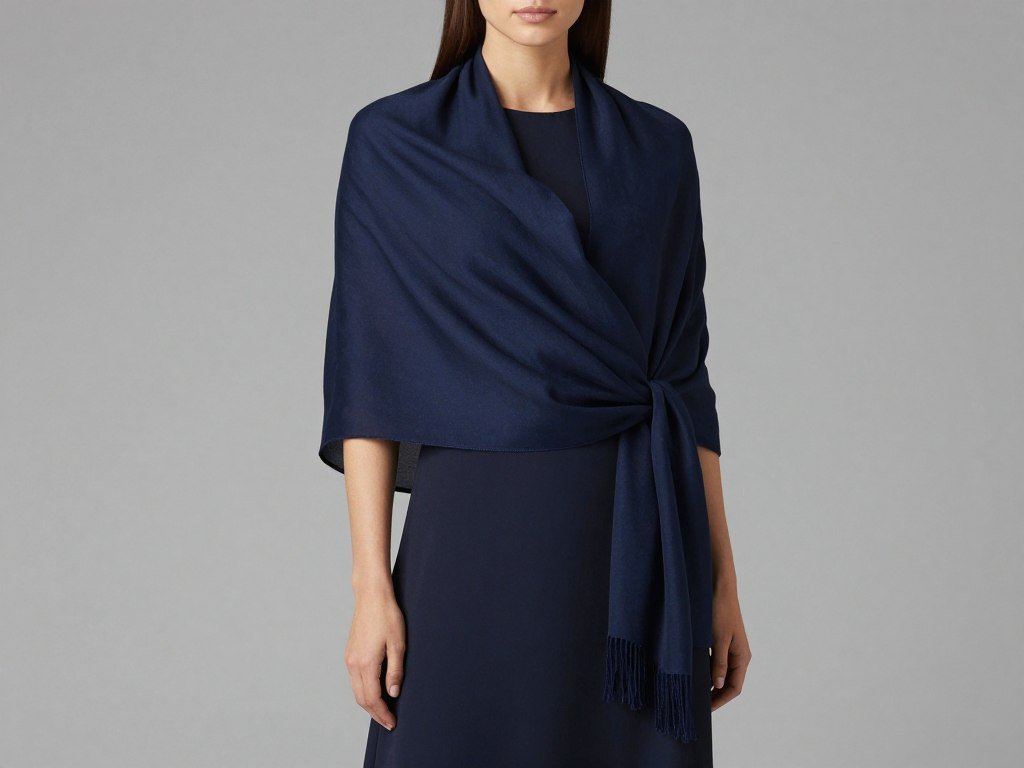 A model wearing a navy dress with a coordinating pashmina wrap draped elegantly over the shoulders