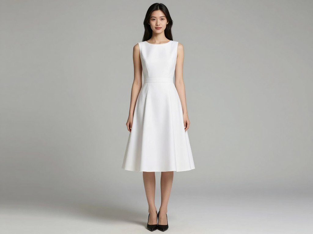 A model wearing an A-line graduation dress that flares gently from the waist