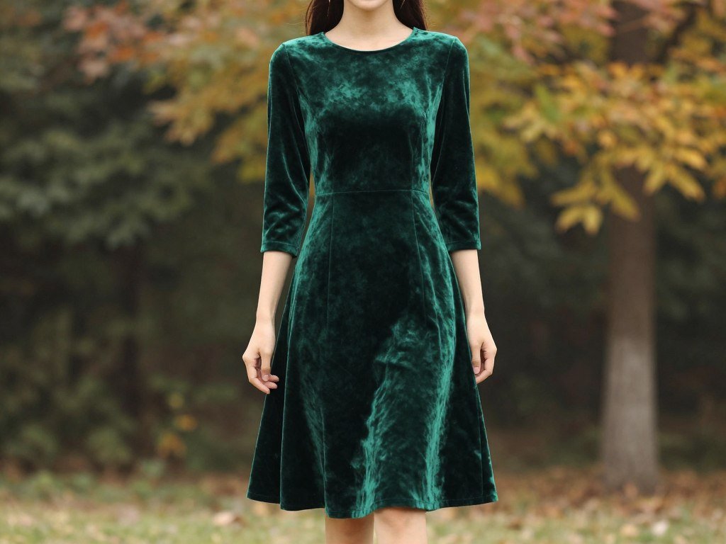A model wearing an emerald green velvet midi dress with three-quarter sleeves and a subtle A-line silhouette perfect for a fall wedding