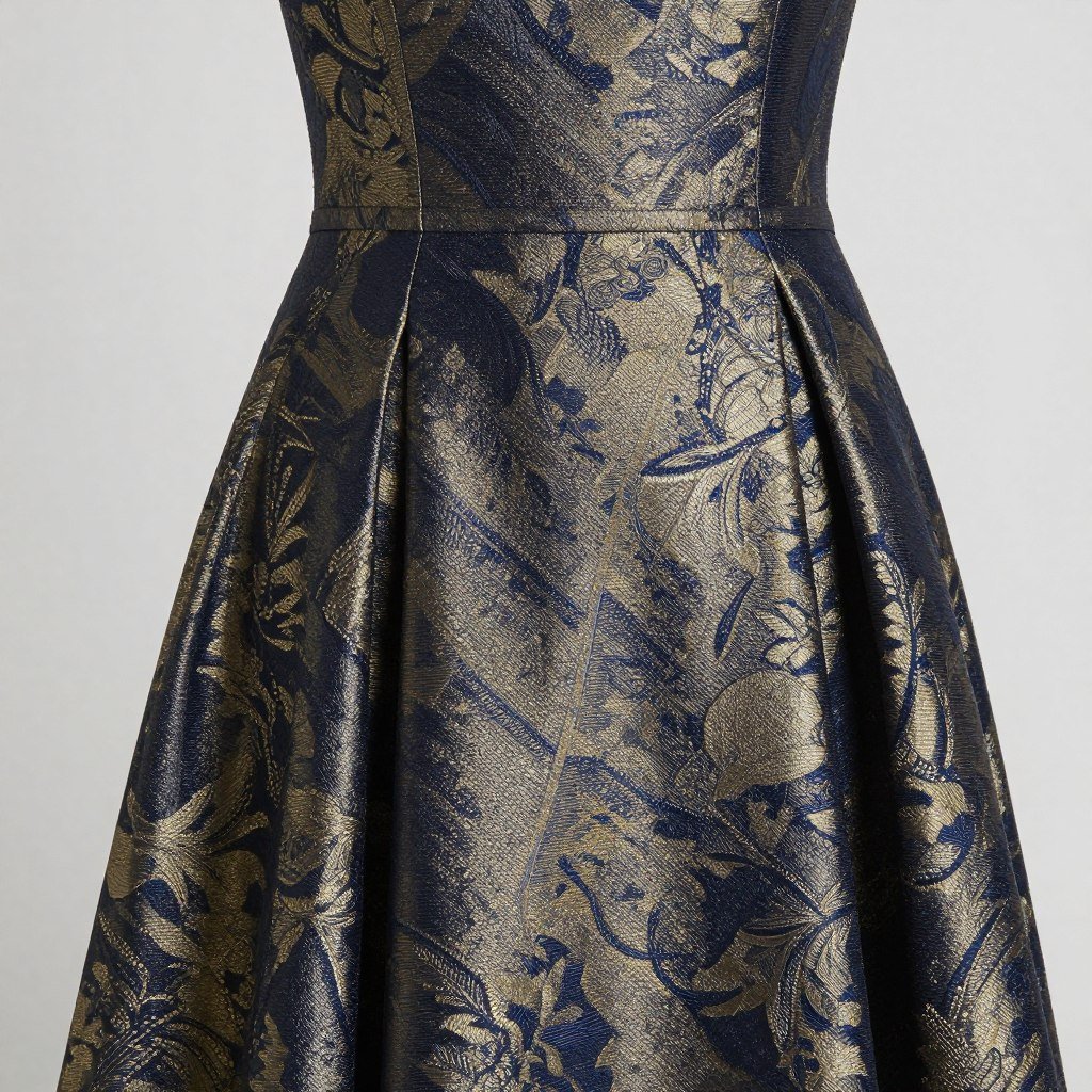 A navy and gold brocade A-line dress with subtle metallic pattern and structured silhouette
