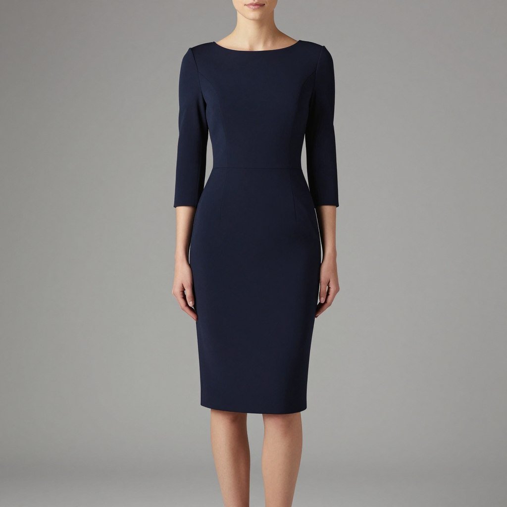 A navy blue crepe sheath dress with bateau neckline and three-quarter sleeves showing the streamlined silhouette