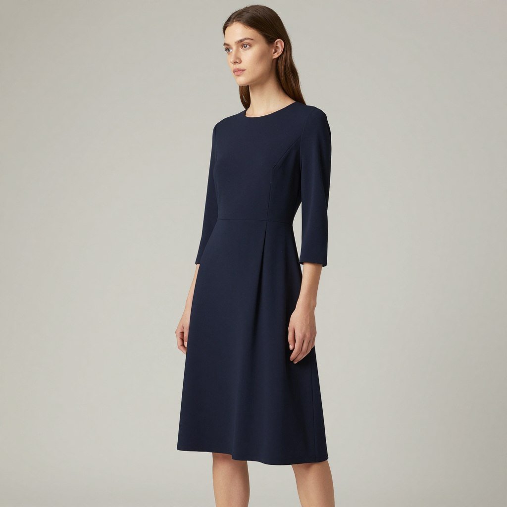 A navy blue midi dress with three-quarter sleeves and subtle pleating details appropriate for semi-formal fall weddings