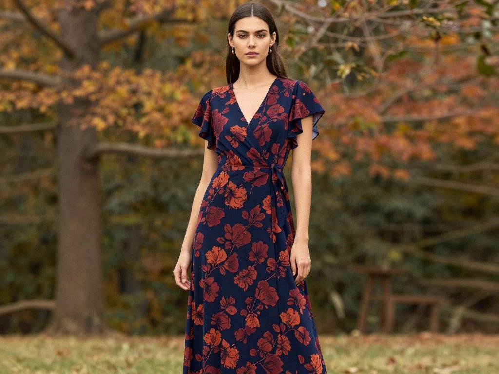 A navy maxi dress with burgundy and rust floral pattern featuring a wrap silhouette and flutter sleeves ideal for fall weddings