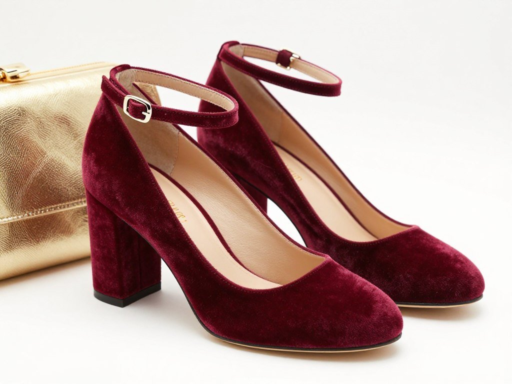 A pair of burgundy velvet block heel pumps with ankle straps positioned next to a gold clutch