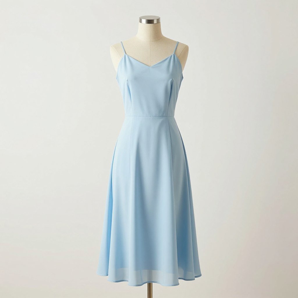 A pastel blue midi dress displayed on a mannequin against a light background