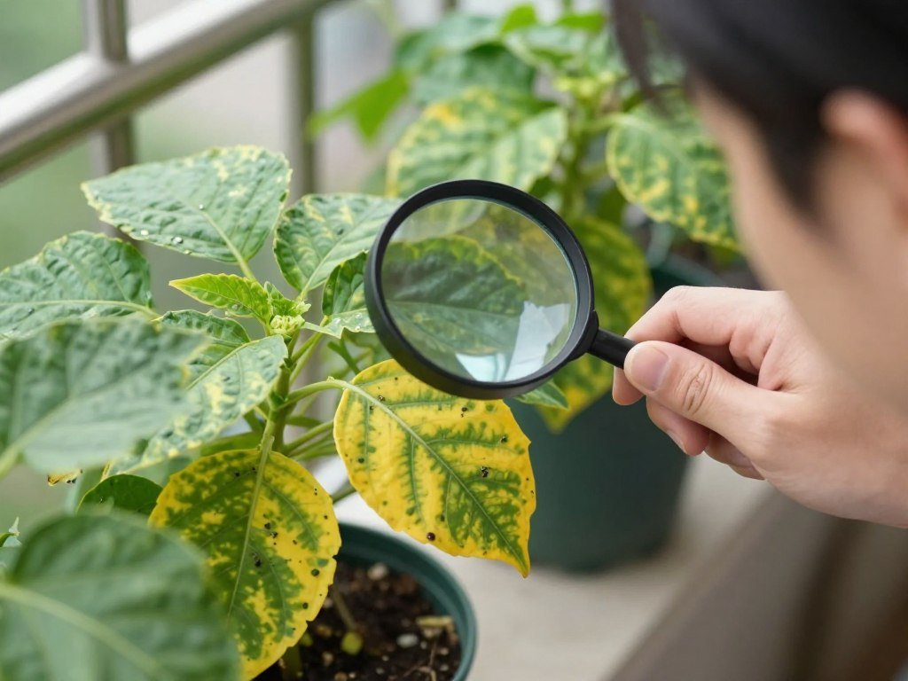 A person inspecting balcony plants for pests and problems