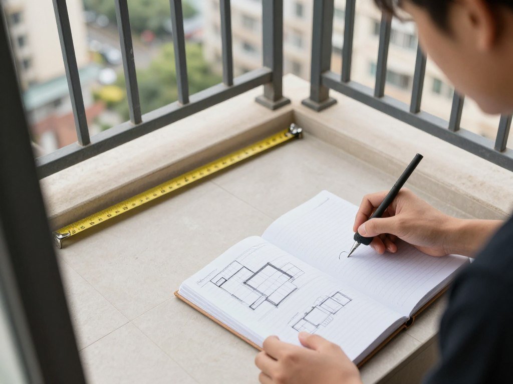 A person measuring a small balcony space and making notes on a planning sheet for small balcony decor