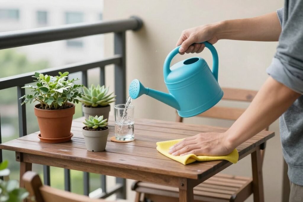 A person performing simple maintenance tasks on a tiny balcony