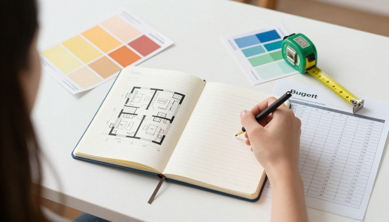 A person planning apartment decorating on a budget with notebook, color swatches, and measuring tape
