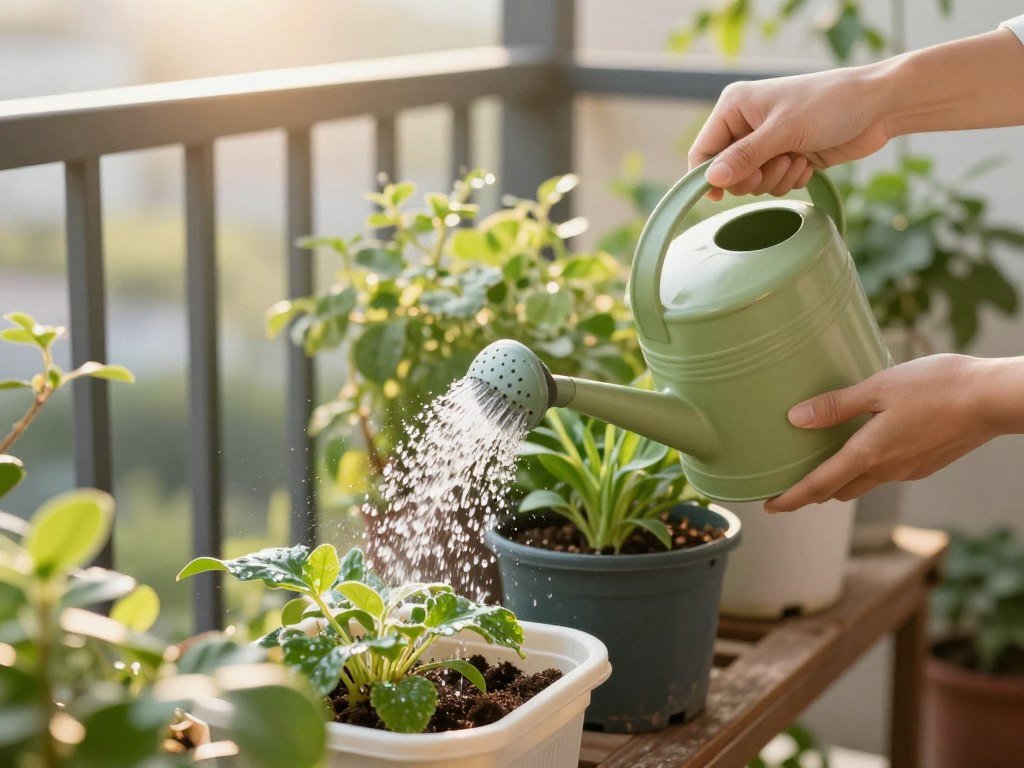 A person watering plants on a small balcony with a compact watering can, showing proper care techniques