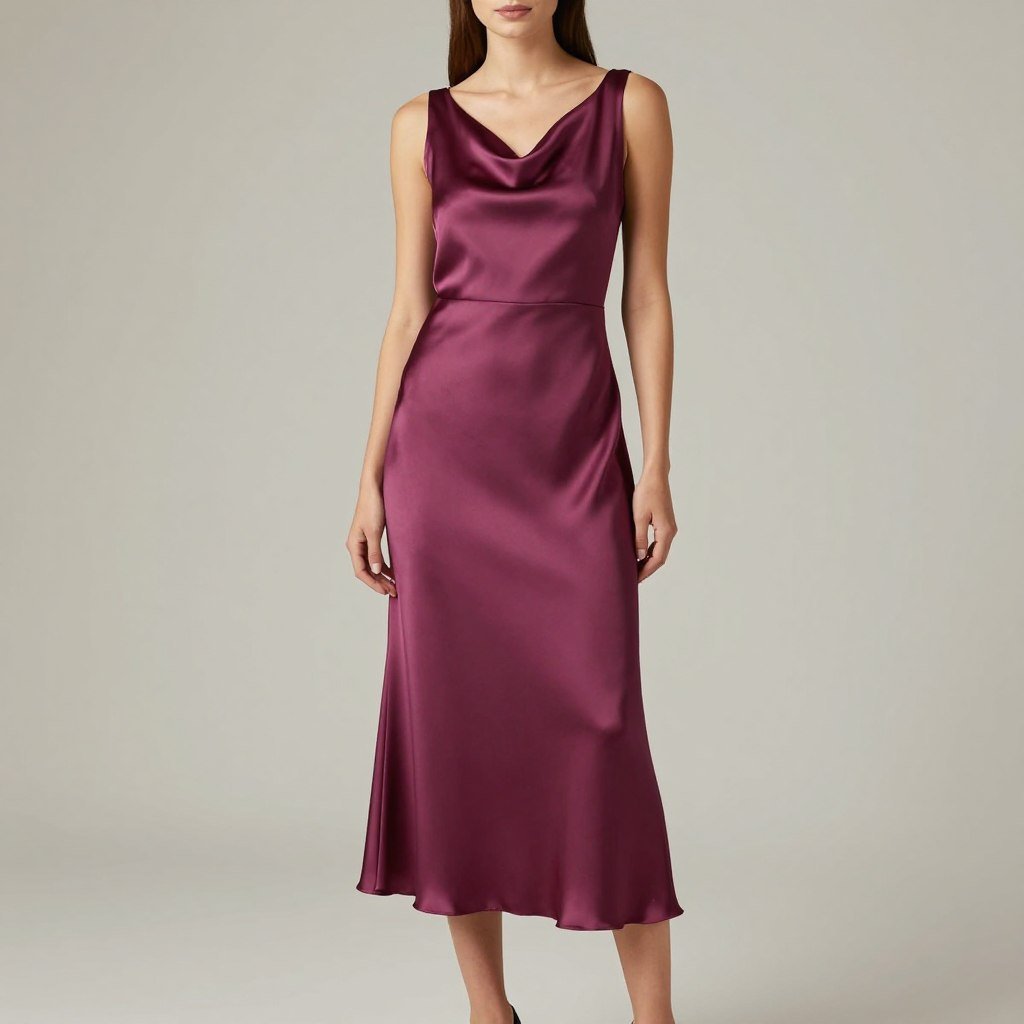 A plum-colored satin midi dress with subtle cowl neck and bias cut showing the versatile tea length