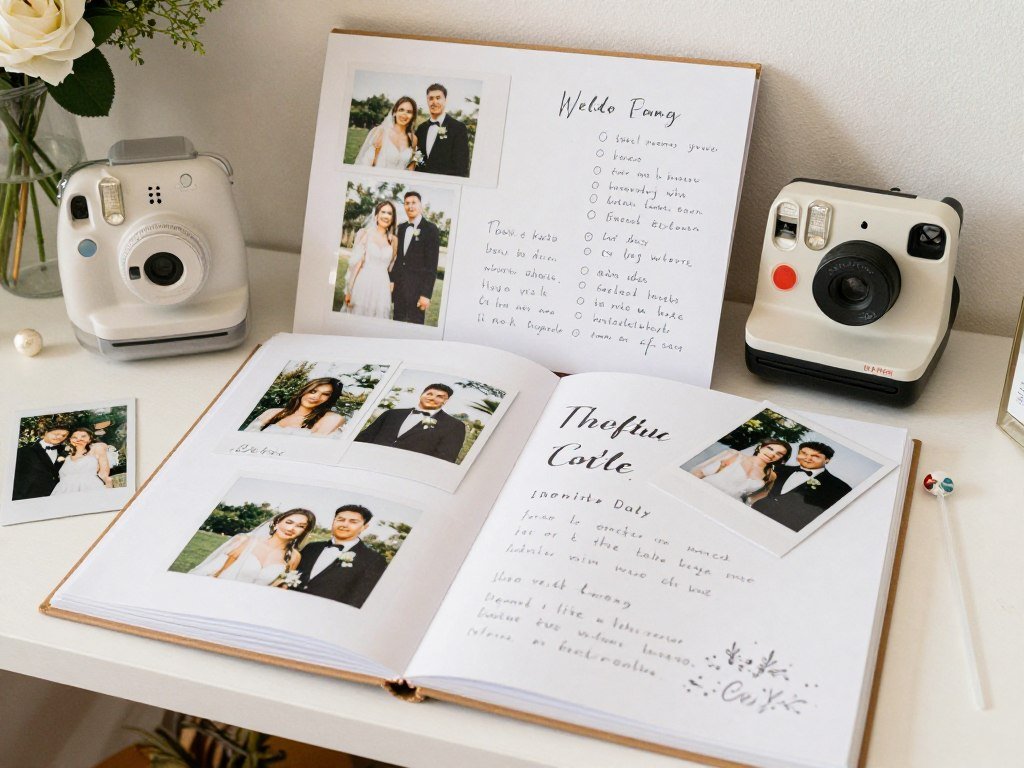 A polaroid photo booth guest book with instant photos and messages