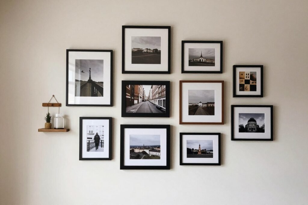A rental-friendly gallery wall with framed prints and photos in various sizes