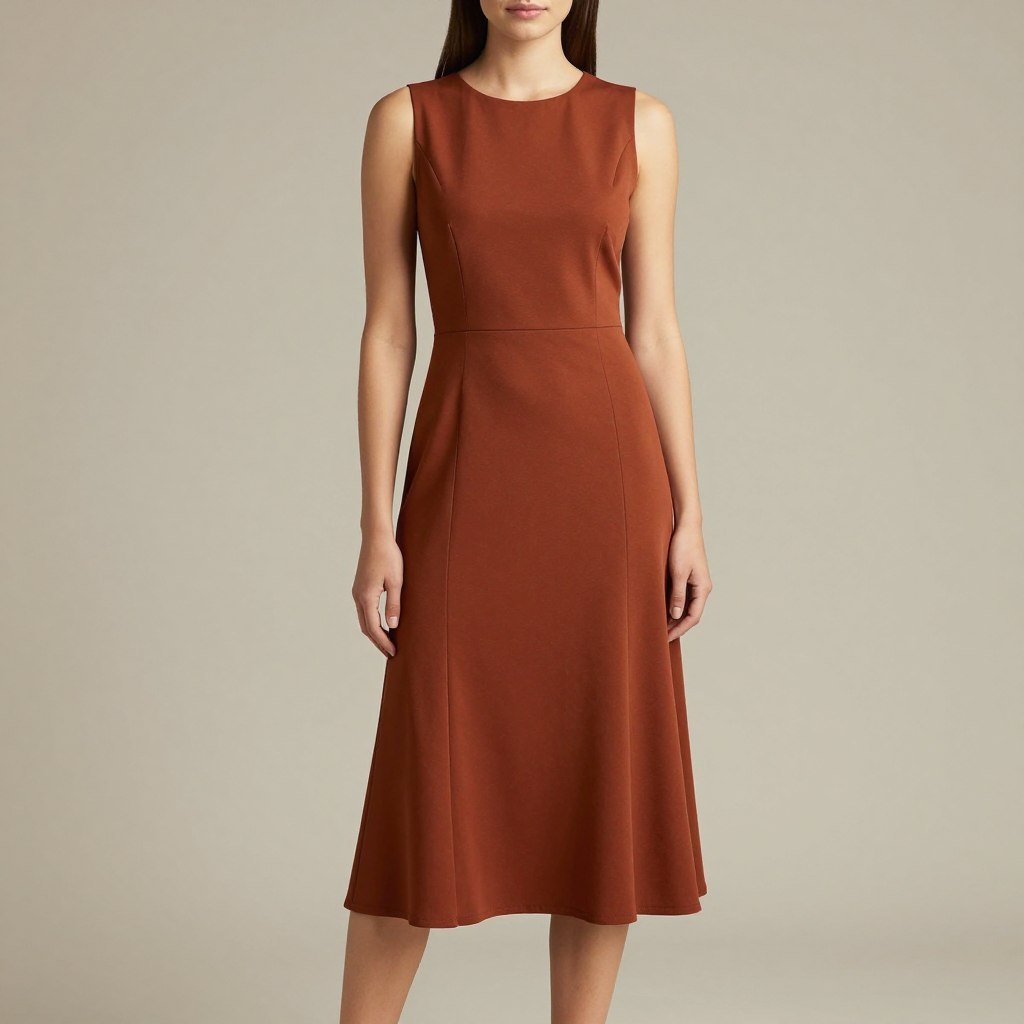 A rust-colored fit-and-flare midi dress with subtle pleating and defined waist showing the feminine silhouette