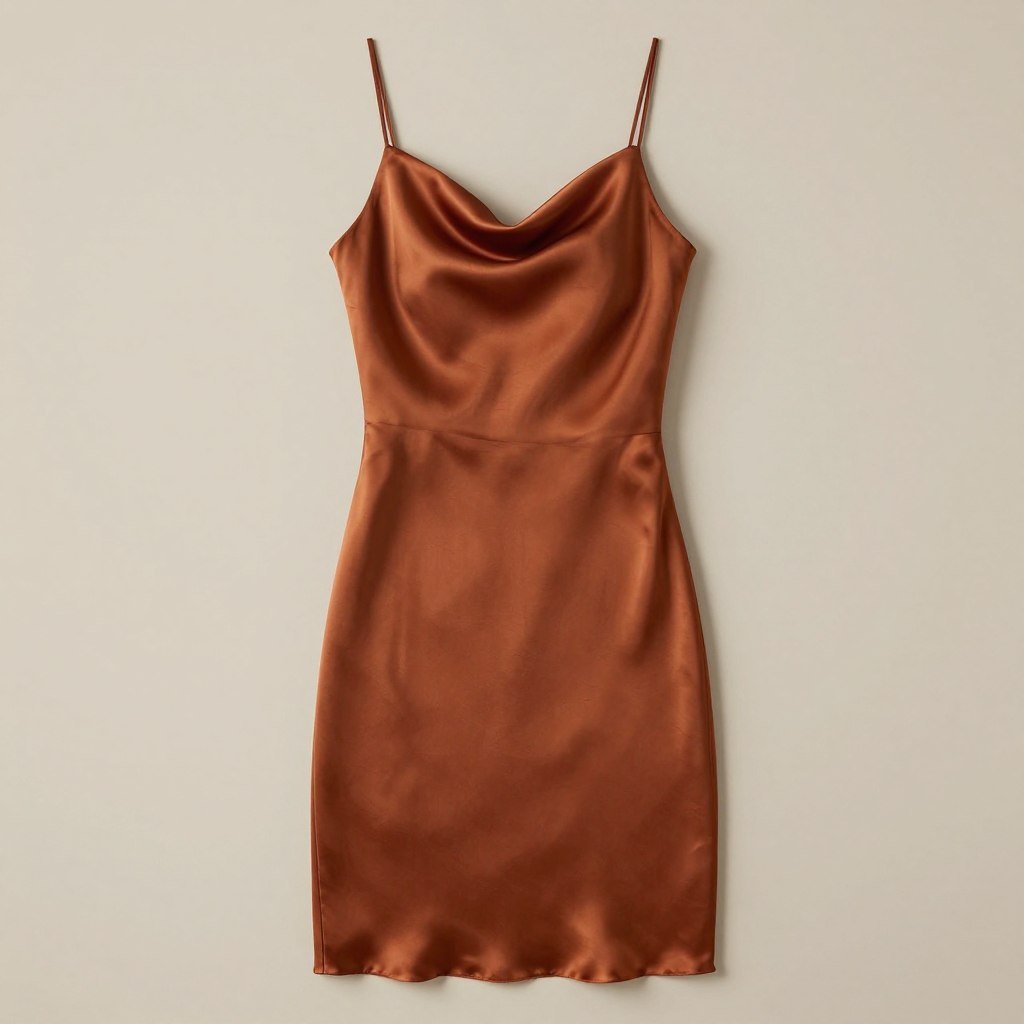 A rust-colored satin slip dress with cowl neck and bias cut showing the fabric's elegant drape