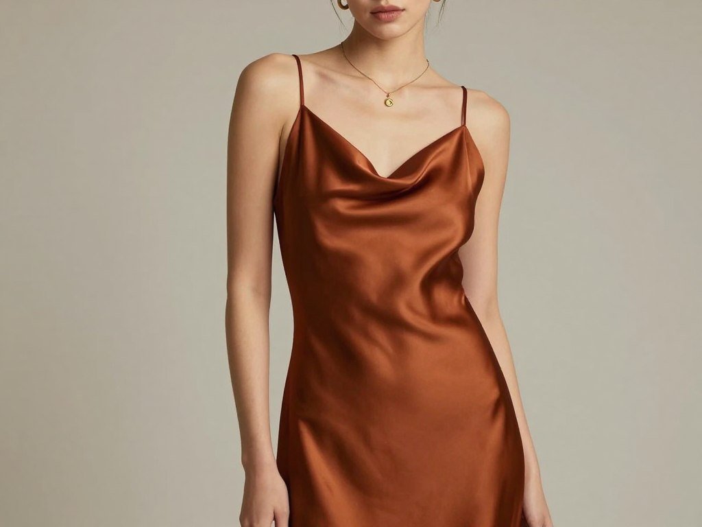 A rust-colored satin slip dress with cowl neck styled with minimal gold jewelry for a fall wedding guest outfit