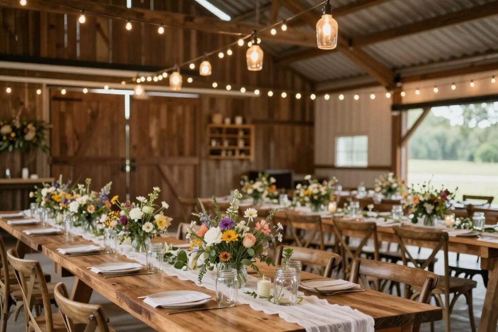 A rustic barn wedding venue decorated with wildflowers and string lights for a country wedding
