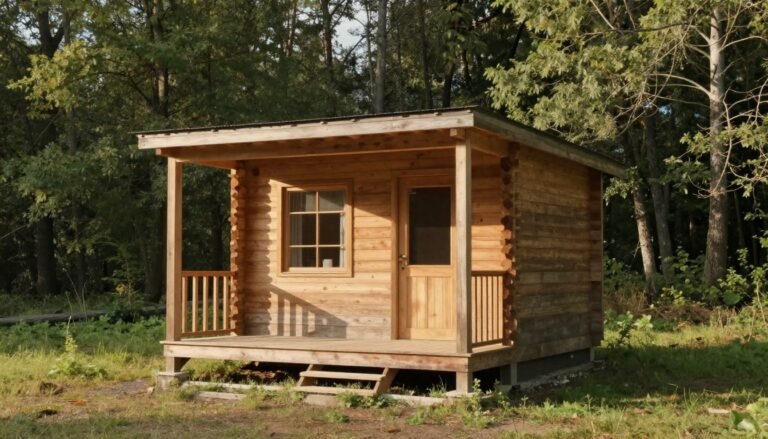 A rustic small cabin on a budget with wooden exterior and small porch in a forest setting
