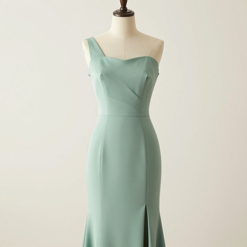 A sage green dress displayed on a mannequin against a light background
