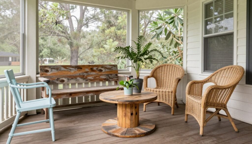 A screened porch furnished with repurposed and thrifted furniture pieces
