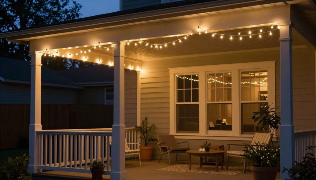 A screened porch illuminated with string lights creating a warm evening ambiance