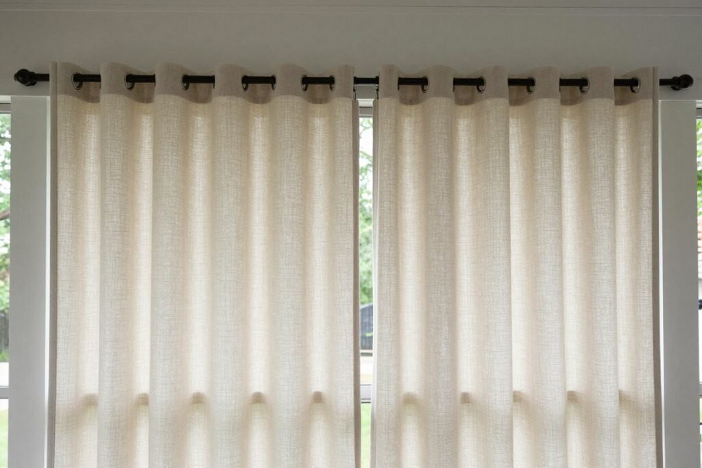 A screened porch with DIY drop cloth curtains providing privacy and style