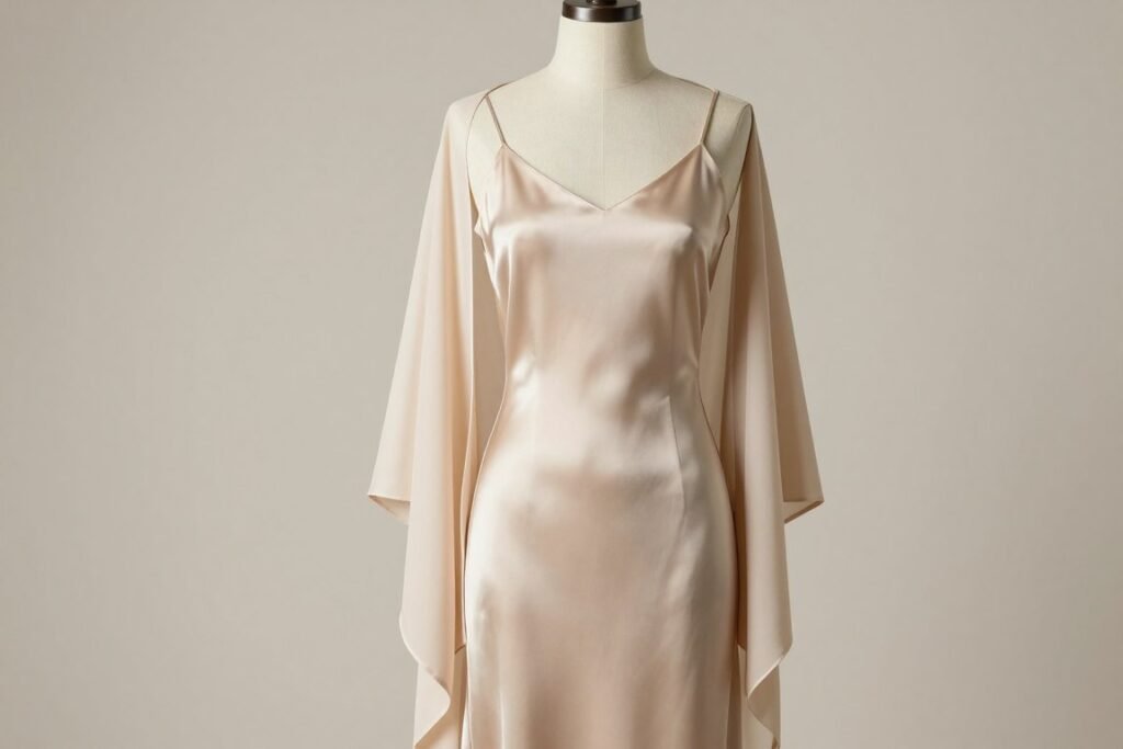 A silk slip dress in champagne color with a matching lightweight wrap displayed on a mannequin