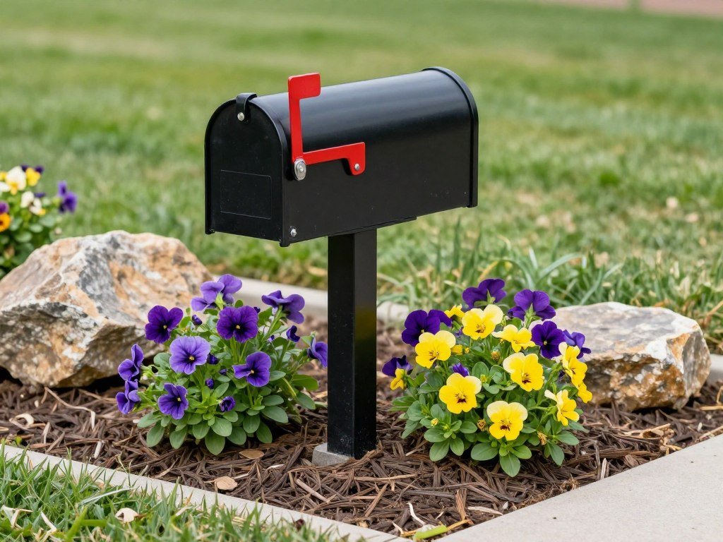 A simple mailbox garden with flowering plants and fresh mulch
