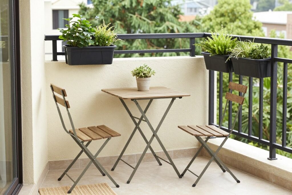 A small balcony featuring a wall-mounted folding table with two compact chairs and hanging planters