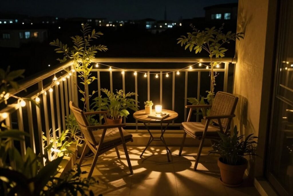 A small balcony garden at night illuminated with string lights, creating a magical atmosphere