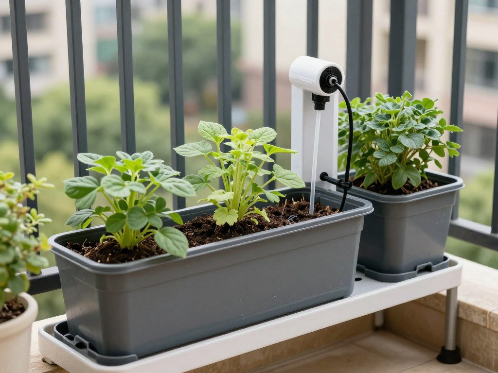 A small balcony garden with self-watering containers and a simple drip irrigation system