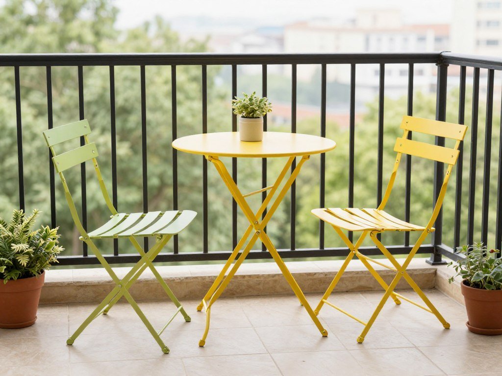 A small balcony with a folding bistro table and chairs arranged against a railing with potted plants