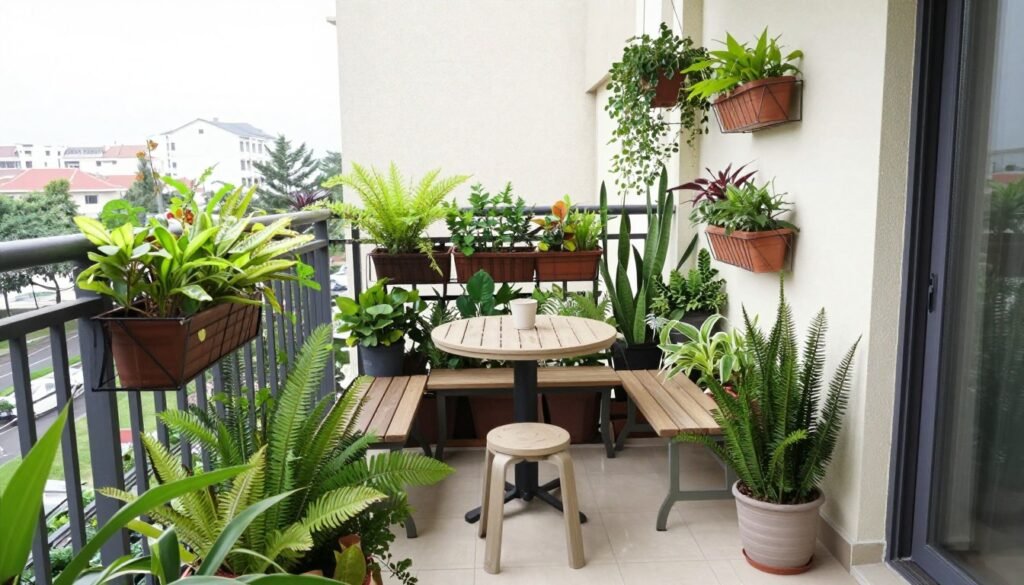 A small balcony with both a thriving garden and comfortable seating area for relaxation