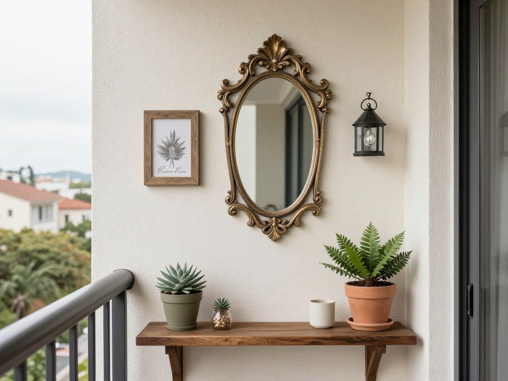 A small balcony with weather-resistant wall art, a decorative mirror, and personal touches